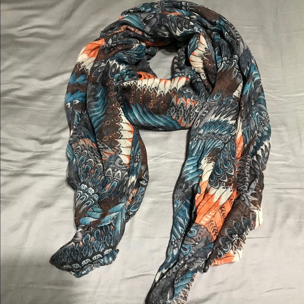 Blue, brown, orange feather design scarf